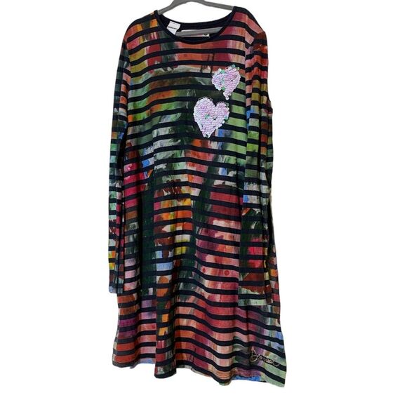 Desigual A Line Long Sleeve T Shirt Dress Girls Sz 9/10 L Multicolored Stripe - Picture 1 of 11